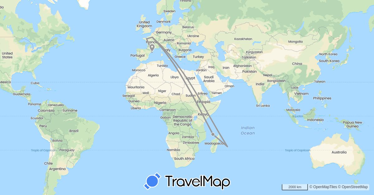TravelMap itinerary: driving, plane in Spain, France, Réunion, Mayotte (Africa, Europe)