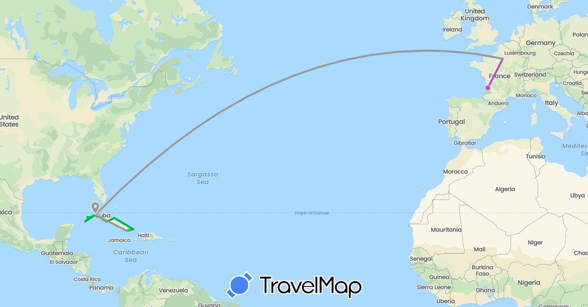 TravelMap itinerary: driving, bus, plane, train in Cuba, France (Europe, North America)